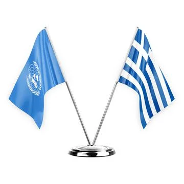 Two table flags isolated on white background 3d illustration, united nations  Stock Illustration