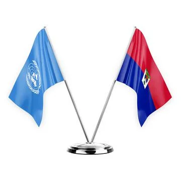 Two table flags isolated on white background 3d illustration, united nations  Stock Illustration