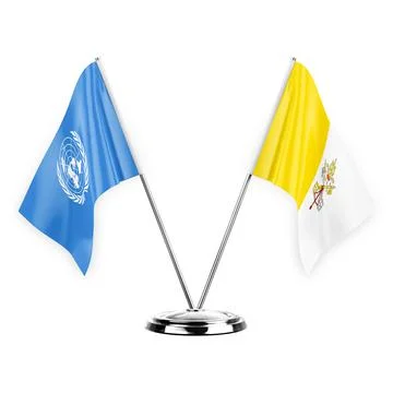 Two table flags isolated on white background 3d illustration, united nations  Stock Illustration