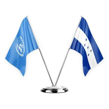 Two table flags isolated on white background 3d illustration, united nations  Stock Illustration