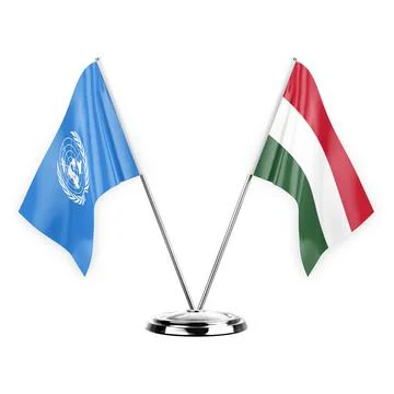 Two table flags isolated on white background 3d illustration, united nations  Stock Illustration