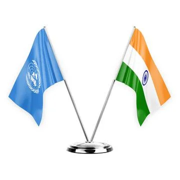Two table flags isolated on white background 3d illustration, united nations  Stock Illustration