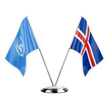 Two table flags isolated on white background 3d illustration, united nations  Stock Illustration