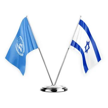 Two table flags isolated on white background 3d illustration, united nations  Stock Illustration