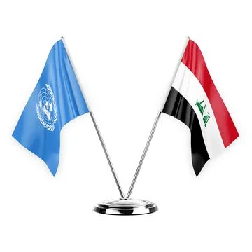 Two table flags isolated on white background 3d illustration, united nations  Stock Illustration