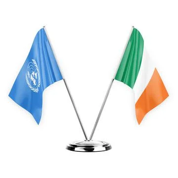 Two table flags isolated on white background 3d illustration, united nations  Stock Illustration