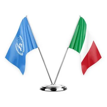 Two table flags isolated on white background 3d illustration, united nations  Stock Illustration