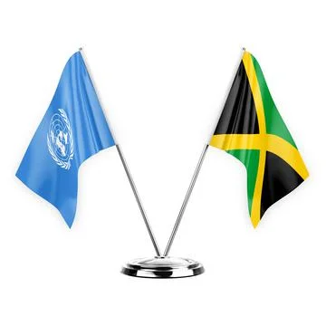 Two table flags isolated on white background 3d illustration, united nations  Stock Illustration