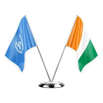 Two table flags isolated on white background 3d illustration, united nations  Stock Illustration