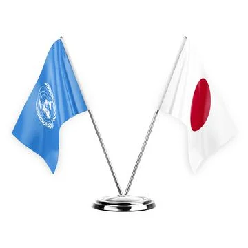 Two table flags isolated on white background 3d illustration, united nations  Stock Illustration