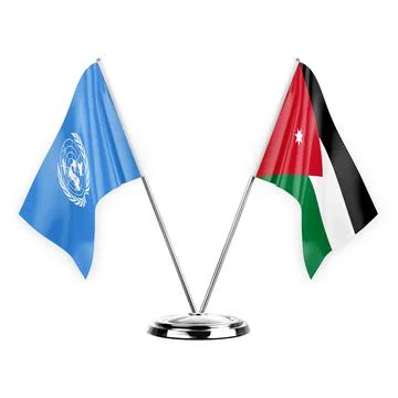 Two table flags isolated on white background 3d illustration, united nations  Stock Illustration