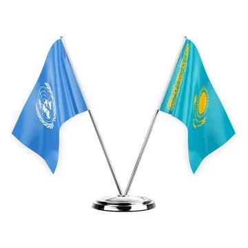 Two table flags isolated on white background 3d illustration, united nations  Stock Illustration