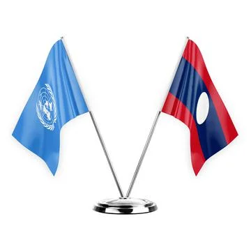 Two table flags isolated on white background 3d illustration, united nations  Stock Illustration