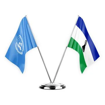Two table flags isolated on white background 3d illustration, united nations  Stock Illustration