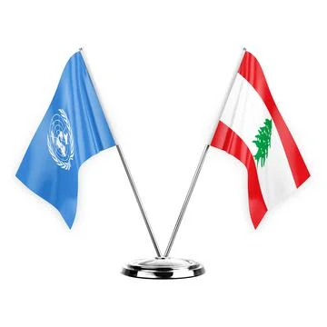 Two table flags isolated on white background 3d illustration, united nations  Stock Illustration