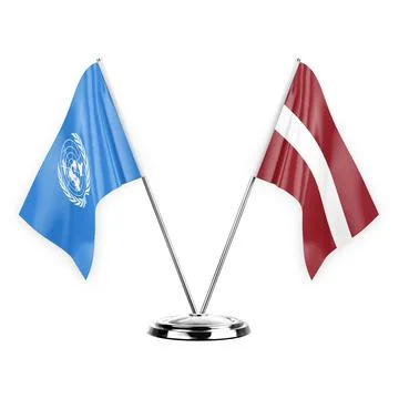 Two table flags isolated on white background 3d illustration, united nations  Stock Illustration