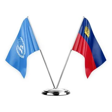Two table flags isolated on white background 3d illustration, united nations  Stock Illustration