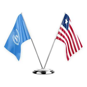 Two table flags isolated on white background 3d illustration, united nations  Stock Illustration