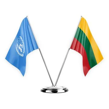 Two table flags isolated on white background 3d illustration, united nations  Stock Illustration