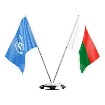 Two table flags isolated on white background 3d illustration, united nations  Stock Illustration
