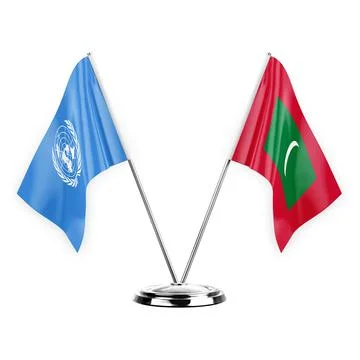 Two table flags isolated on white background 3d illustration, united nations  Stock Illustration