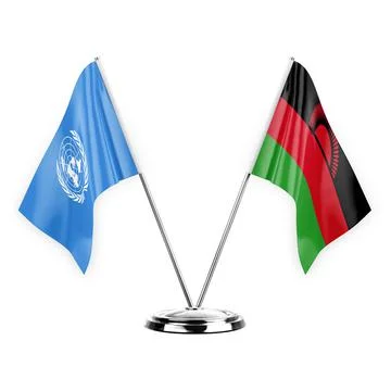 Two table flags isolated on white background 3d illustration, united nations  Stock Illustration
