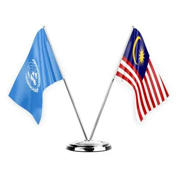 Two table flags isolated on white background 3d illustration, united nations  Stock Illustration