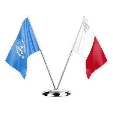 Two table flags isolated on white background 3d illustration, united nations  Stock Illustration