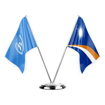 Two table flags isolated on white background 3d illustration, united nations  Stock Illustration