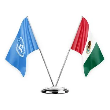 Two table flags isolated on white background 3d illustration, united nations  Stock Illustration