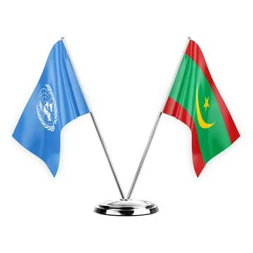 Two table flags isolated on white background 3d illustration, united nations  Stock Illustration