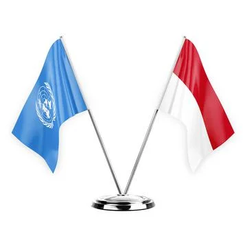Two table flags isolated on white background 3d illustration, united nations  Stock Illustration