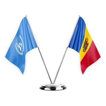 Two table flags isolated on white background 3d illustration, united nations  Stock Illustration