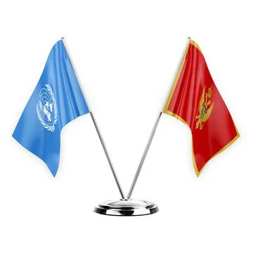Two table flags isolated on white background 3d illustration, united nations  Stock Illustration