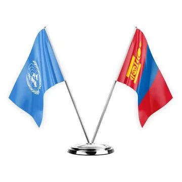 Two table flags isolated on white background 3d illustration, united nations  Stock Illustration