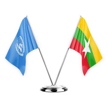 Two table flags isolated on white background 3d illustration, united nations  Stock Illustration