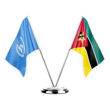 Two table flags isolated on white background 3d illustration, united nations  Stock Illustration
