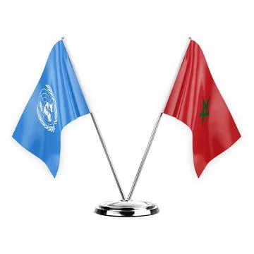 Two table flags isolated on white background 3d illustration, united nations  Stock Illustration