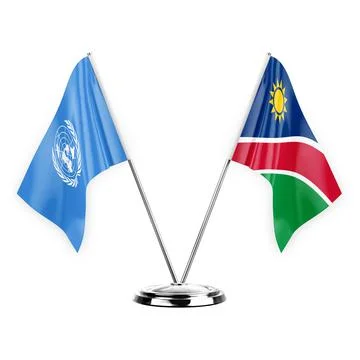 Two table flags isolated on white background 3d illustration, united nations  Stock Illustration