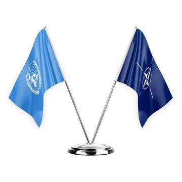 Two table flags isolated on white background 3d illustration, united nations  Stock Illustration