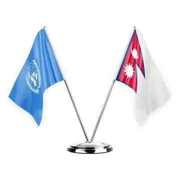 Two table flags isolated on white background 3d illustration, united nations  Stock Illustration