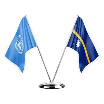 Two table flags isolated on white background 3d illustration, united nations  Stock Illustration