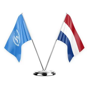Two table flags isolated on white background 3d illustration, united nations  Stock Illustration