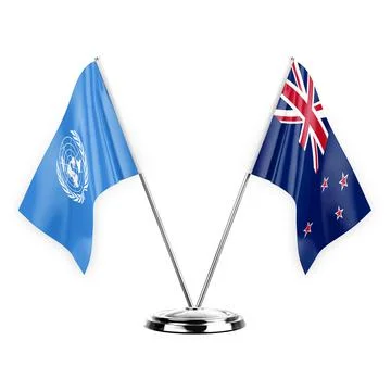 Two table flags isolated on white background 3d illustration, united nations  Stock Illustration