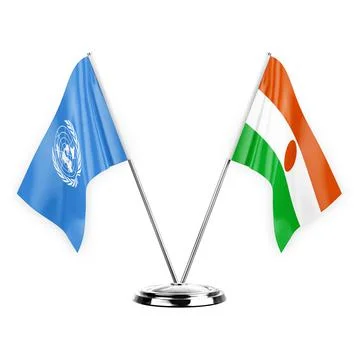 Two table flags isolated on white background 3d illustration, united nations  Stock Illustration