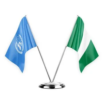 Two table flags isolated on white background 3d illustration, united nations  Stock Illustration