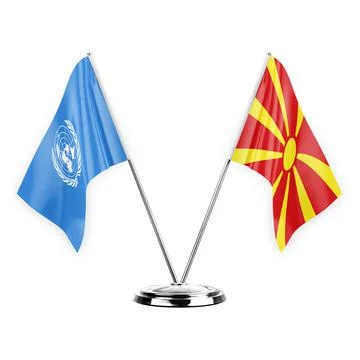 Two table flags isolated on white background 3d illustration, united nations  Stock Illustration