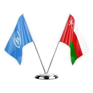 Two table flags isolated on white background 3d illustration, united nations  Stock Illustration
