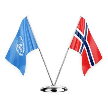 Two table flags isolated on white background 3d illustration, united nations  Stock Illustration
