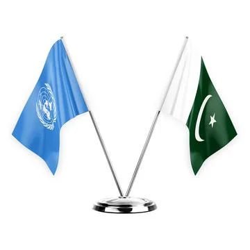 Two table flags isolated on white background 3d illustration, united nations  Stock Illustration